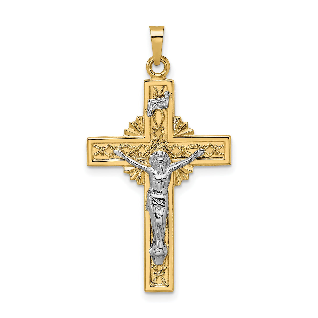 14k Two-Tone Gold Crucifix Cross Pendant with INRI and Christ Figure Christian Design