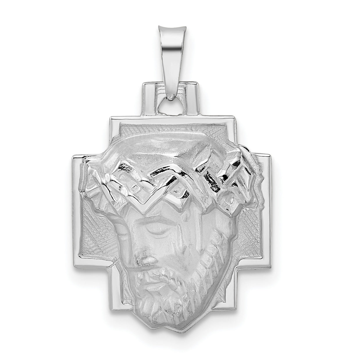 14k White Gold Jesus Head Pendant with Crown of Thorns and Cross Backdrop