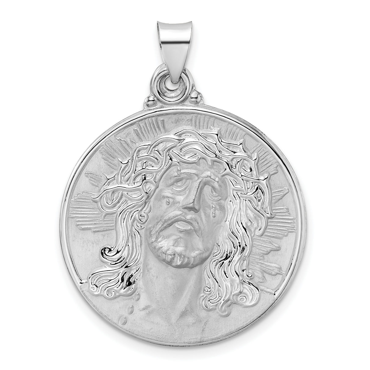 14k White Gold Jesus Face Pendant with Halo and Crown of Thorns Religious Medallion