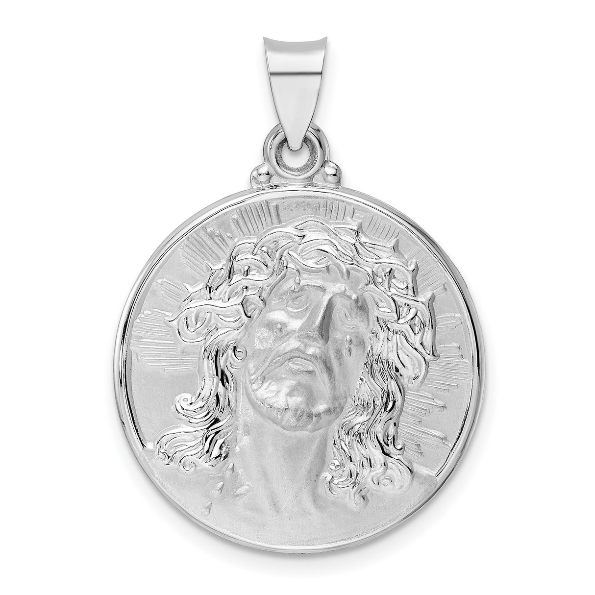 14k White Gold Jesus Face Pendant with Crown of Thorns, Christian Religious Charm