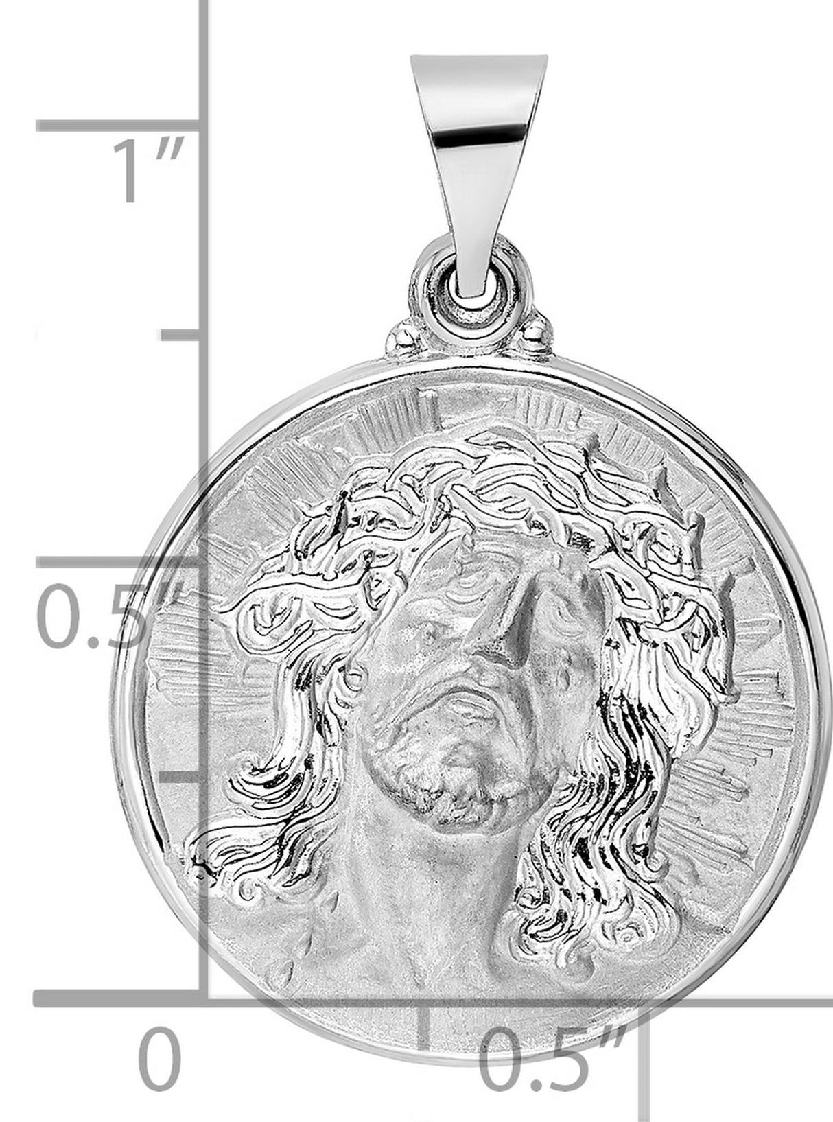 14k White Gold Jesus Face Medallion Pendant, Crowned Design, Christian Religious Charm