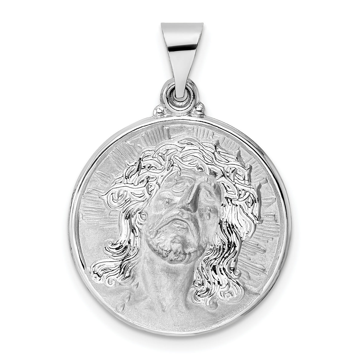 14k White Gold Jesus Face Medallion Pendant, Crowned Design, Christian Religious Charm