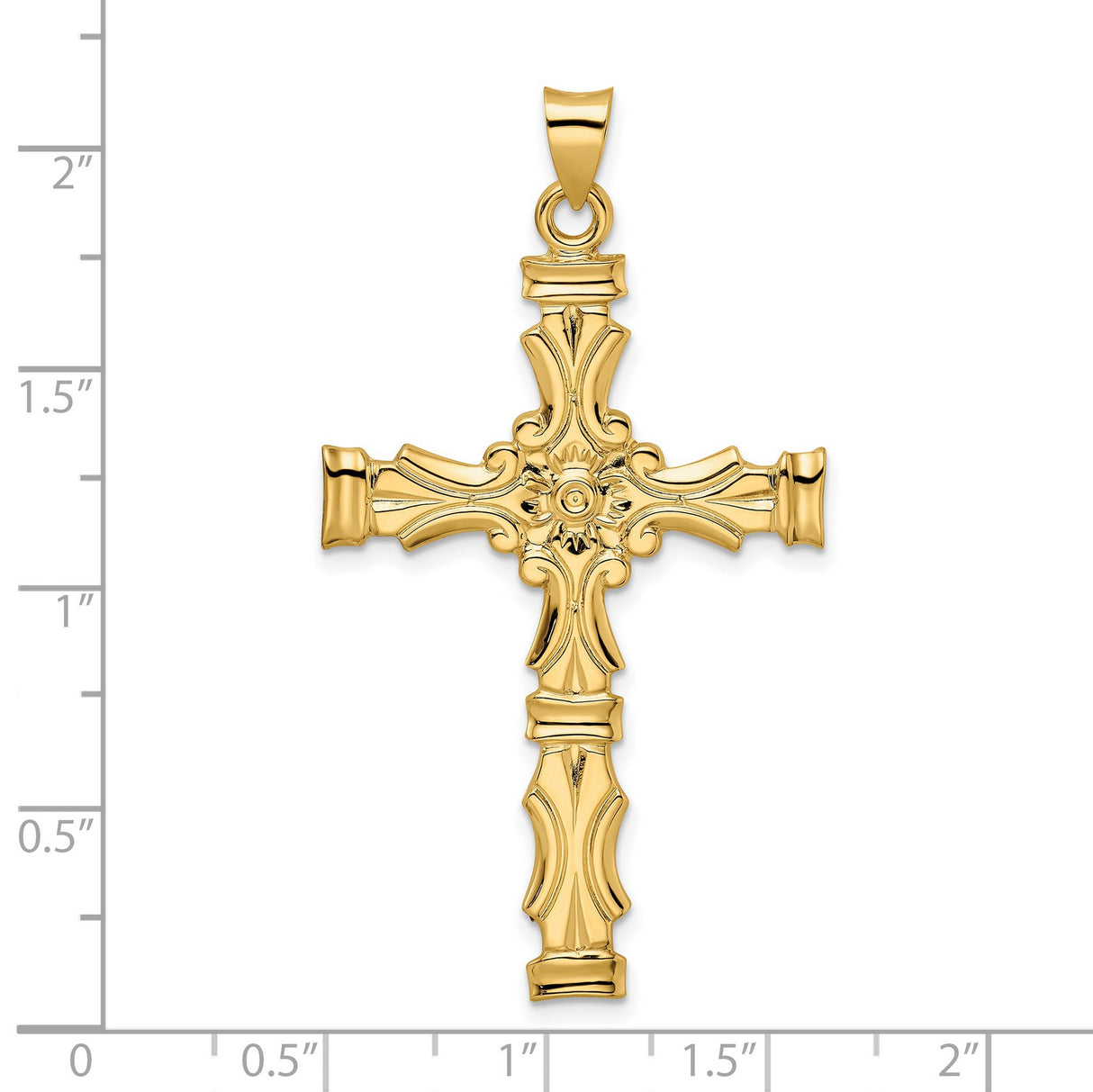 14k Yellow Gold Cross Pendant with Floral Center, Ornate Christian Religious Charm for Women