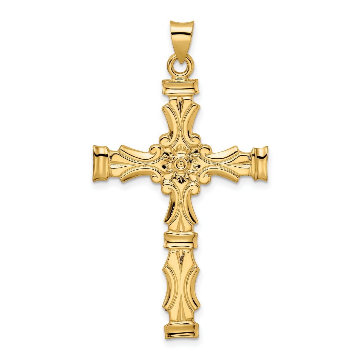 14k Yellow Gold Cross Pendant with Floral Center, Ornate Christian Religious Charm for Women