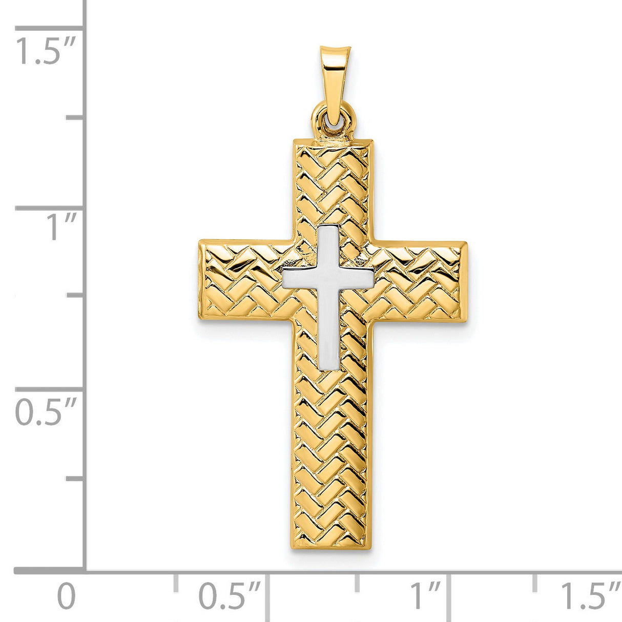 14k Two-Tone Gold Cross Pendant with Raised White Gold Cross on Textured Background