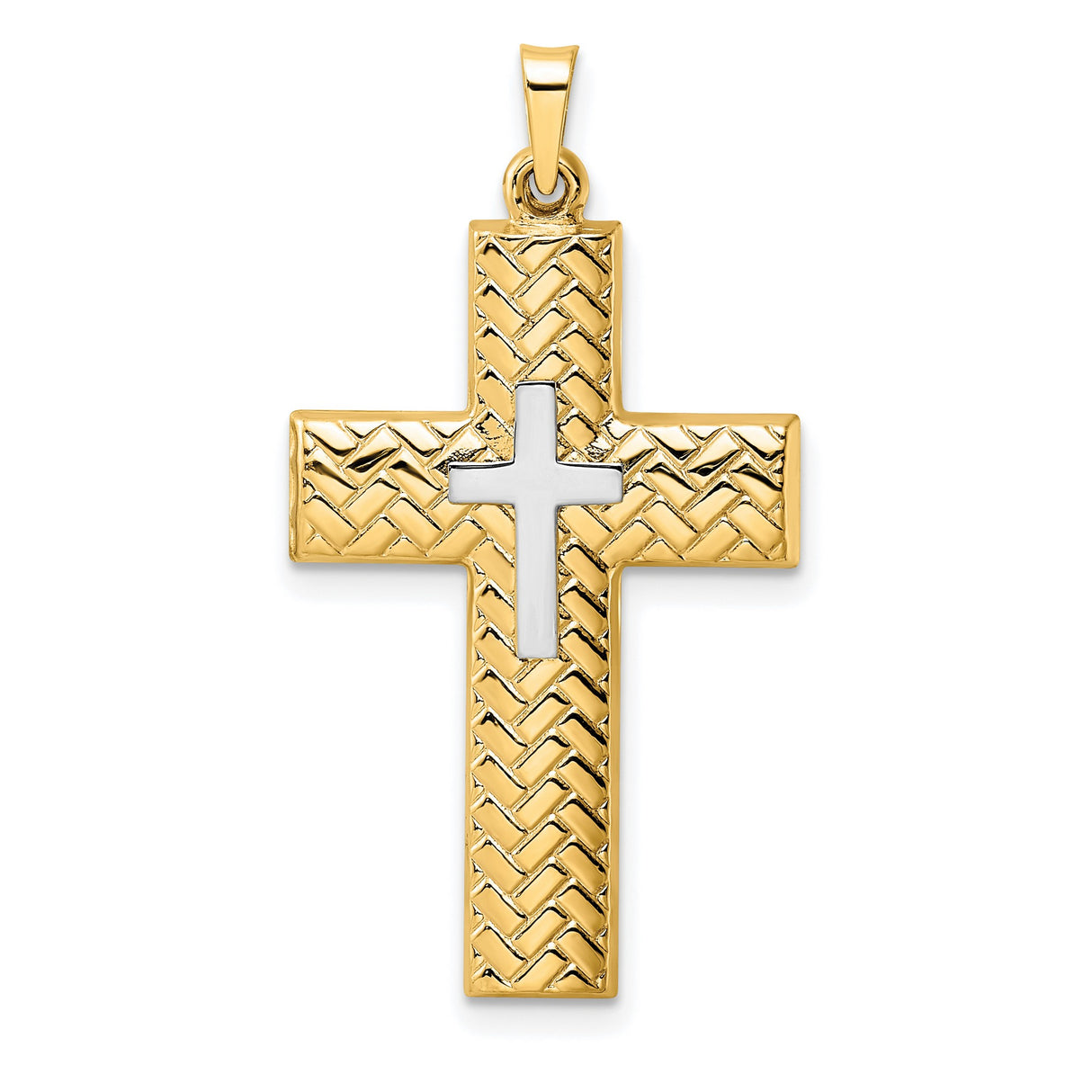 14k Two-Tone Gold Cross Pendant with Raised White Gold Cross on Textured Background