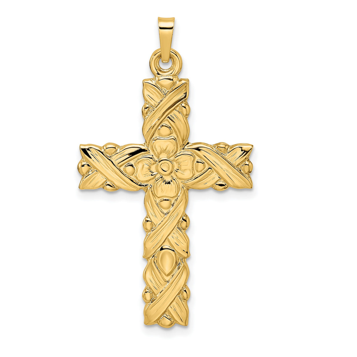 14k Yellow Gold Cross Pendant with Floral Design and Woven Detail for Women