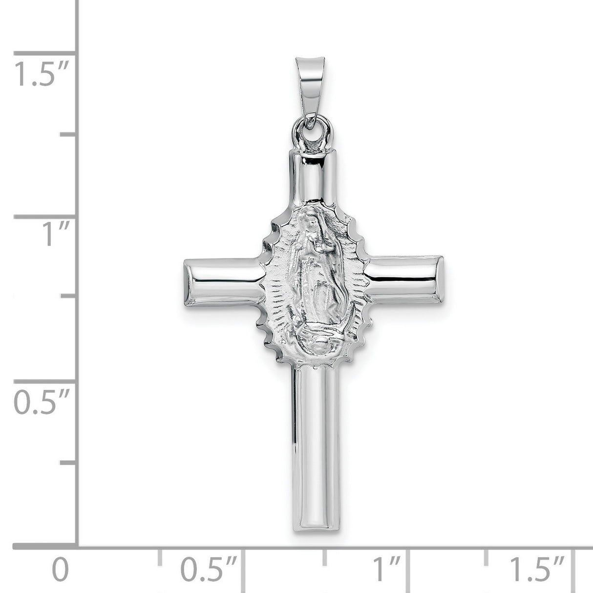 14k White Gold Cross Pendant with Our Lady of Guadalupe Engraving, Polished and Satin Finish