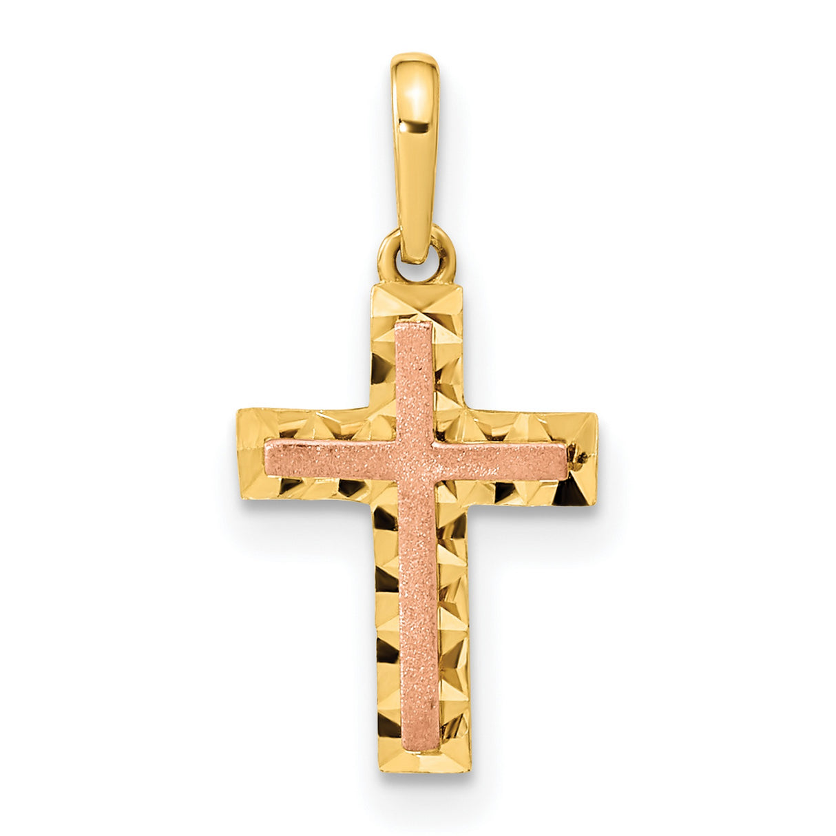 14k Two-Tone Gold Cross Pendant with Rose Gold Overlay and Textured Design