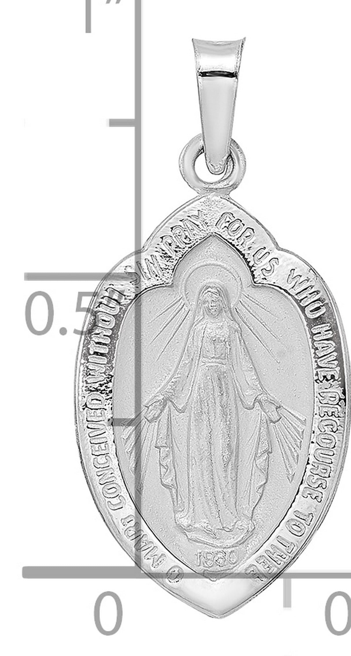 14k White Gold Miraculous Medal Pendant Featuring Virgin Mary, Satin and Polished Finish