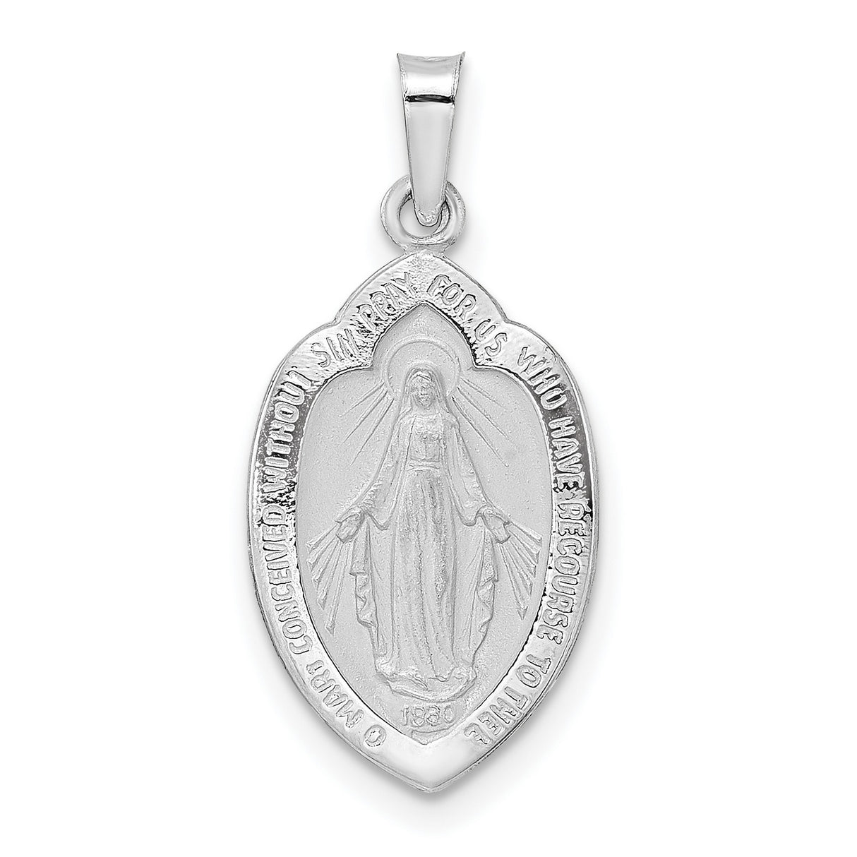 14k White Gold Miraculous Medal Pendant Featuring Virgin Mary, Satin and Polished Finish