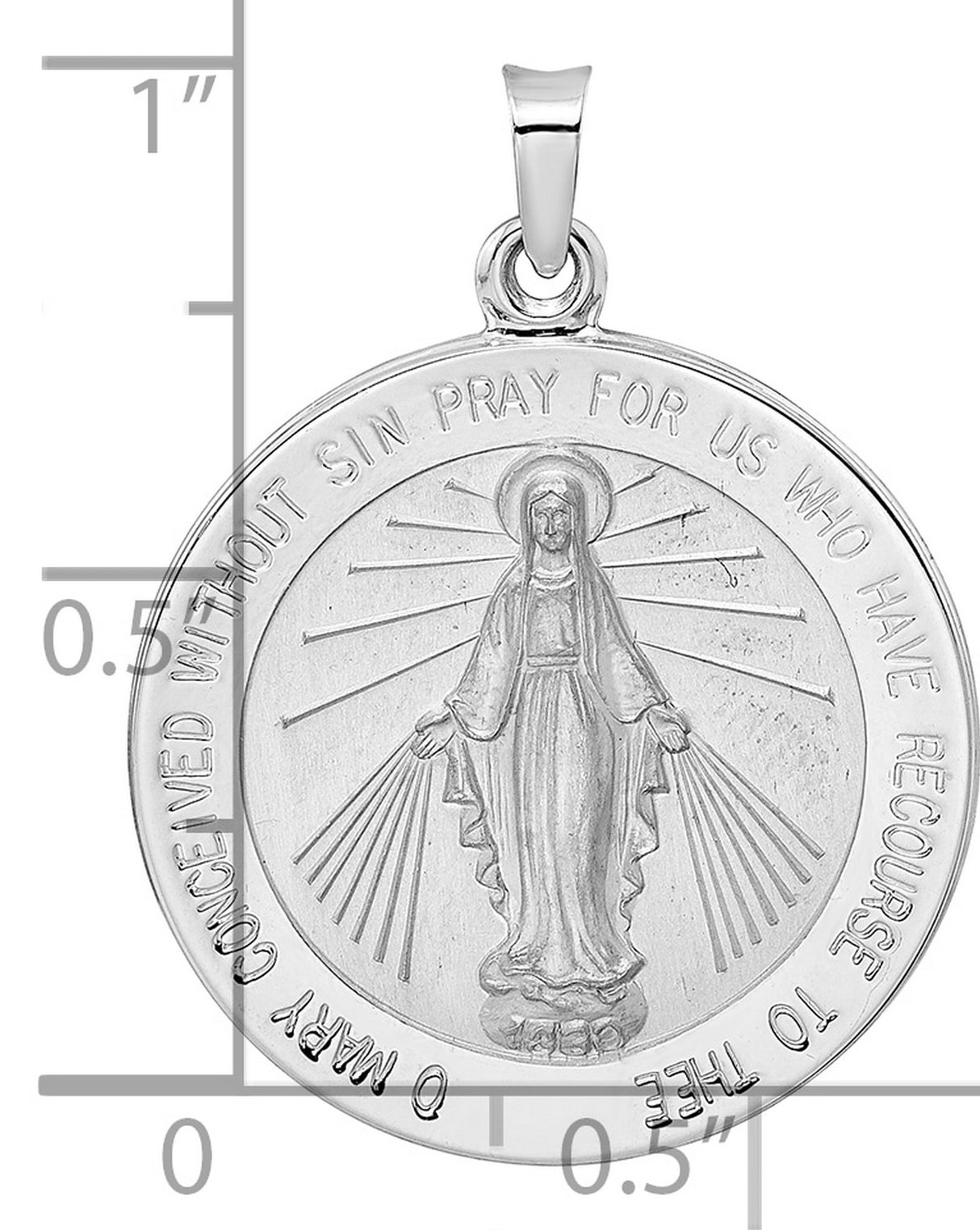 14k White Gold Miraculous Medal Pendant with Virgin Mary and Inscription