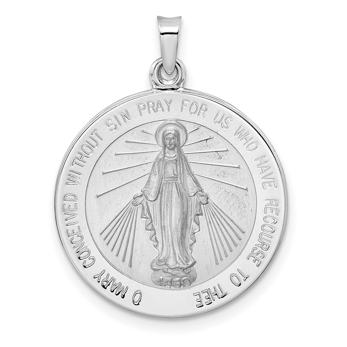 14k White Gold Miraculous Medal Pendant with Virgin Mary and Inscription