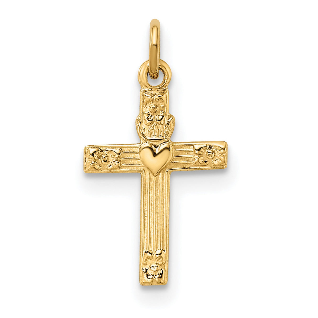 14k Yellow Gold Cross Pendant with Floral Engravings and Heart Center, Christian Religious Charm
