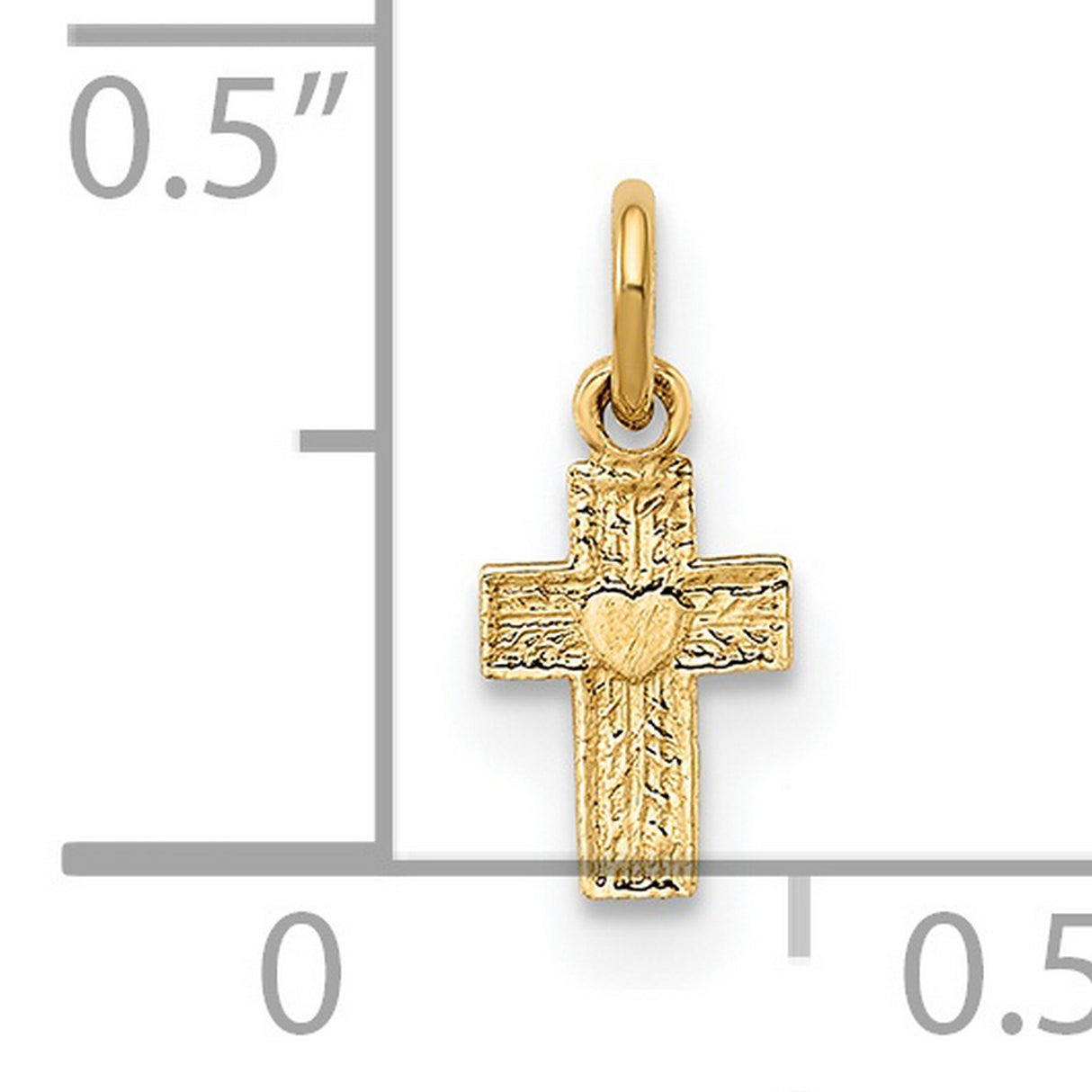 14k Yellow Gold Cross Pendant with Textured Design and Heart Center, Christian Charm for Women