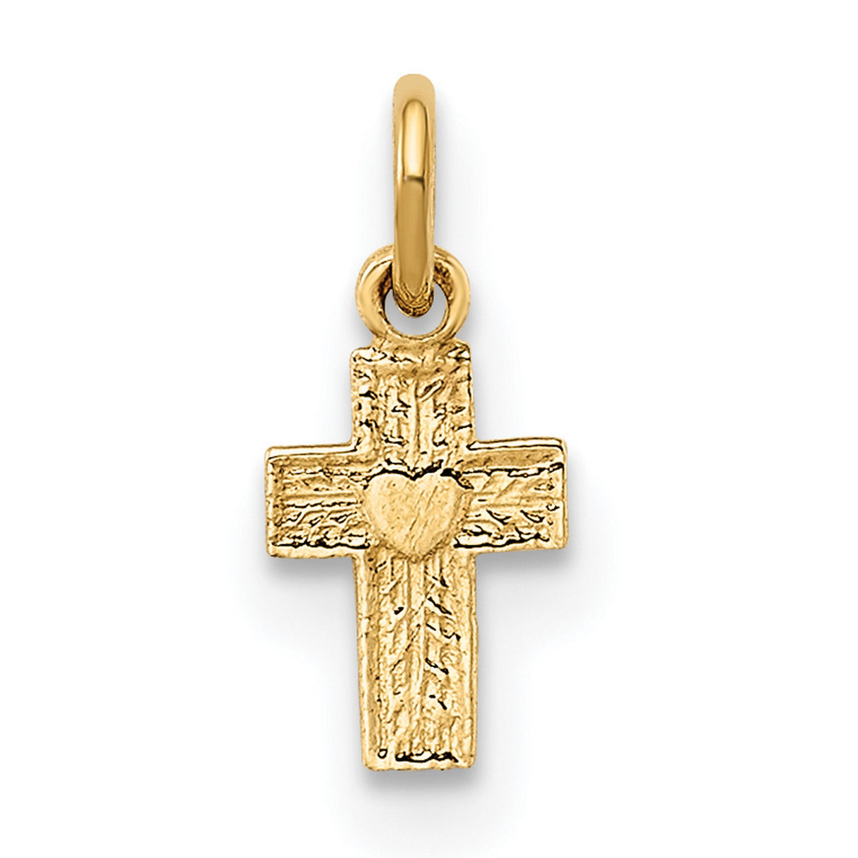 14k Yellow Gold Cross Pendant with Textured Design and Heart Center, Christian Charm for Women