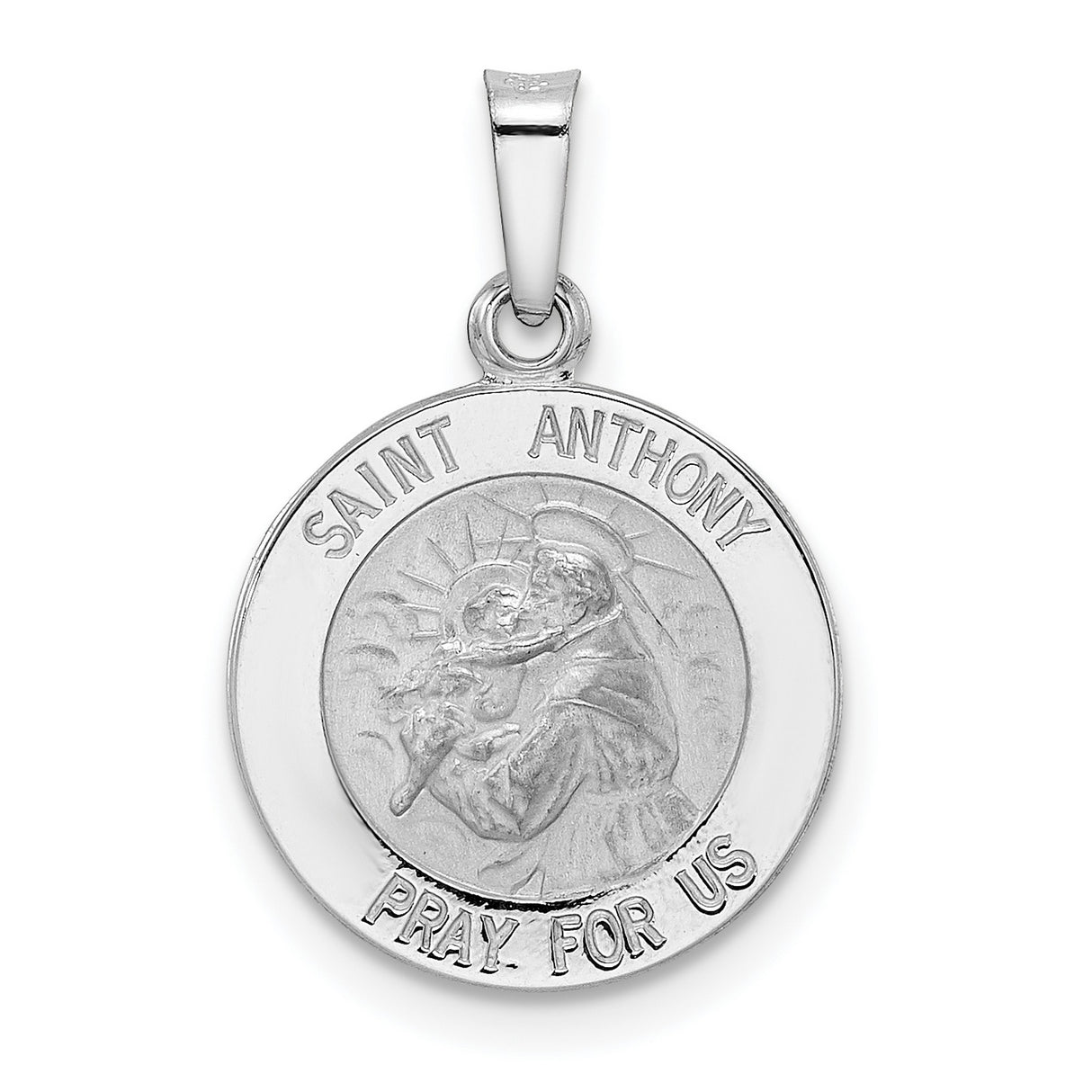 14k White Gold Saint Anthony Medal Pendant with Satin Finish Religious Charm
