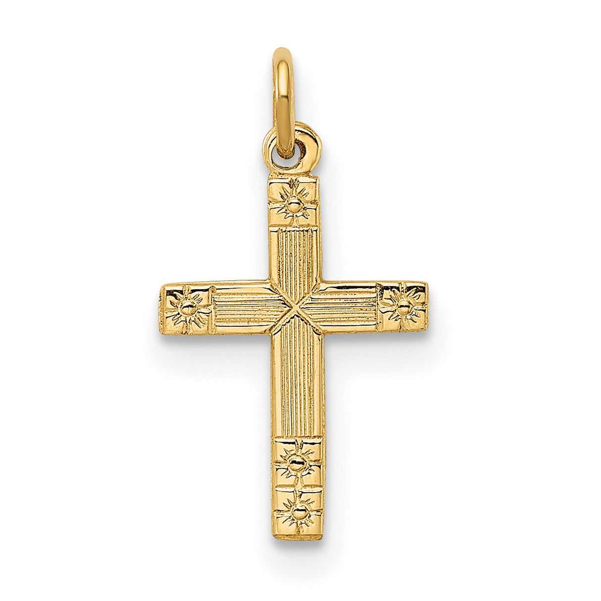 14k Yellow Gold Cross Pendant with Textured and Polished Sunburst Design