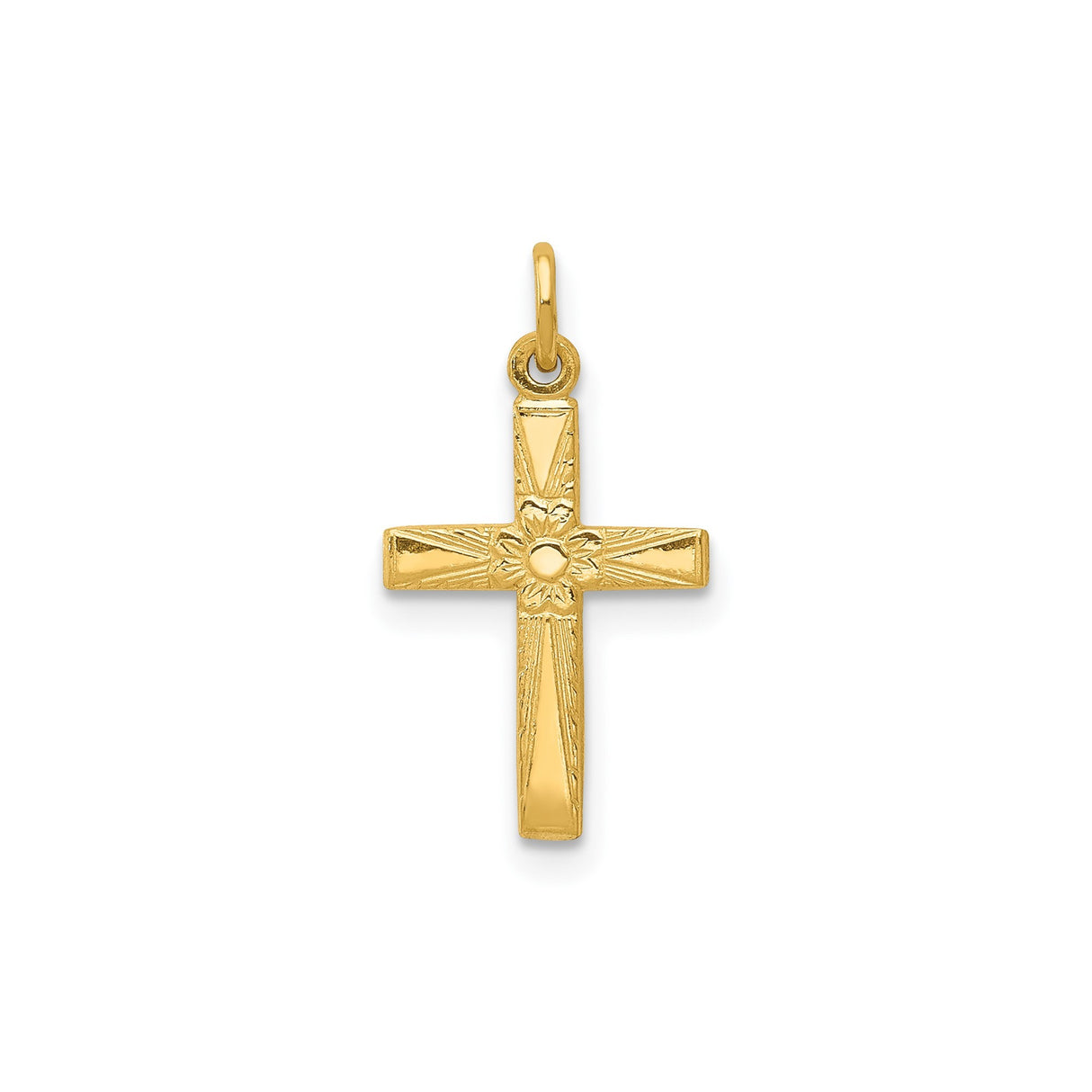 14k Yellow Gold Cross Pendant with Sunburst Design, Unisex Christian Religious Jewelry