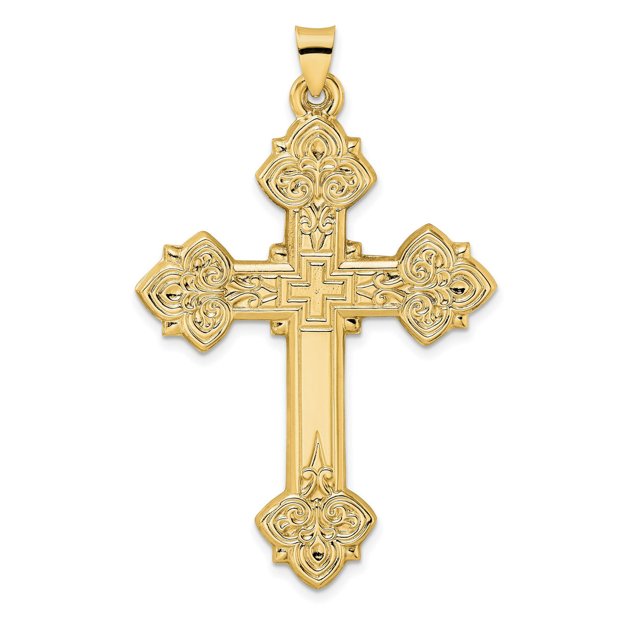 14k Yellow Gold Cross Pendant with Ornate Scrollwork and Byzantine Detailing for Women