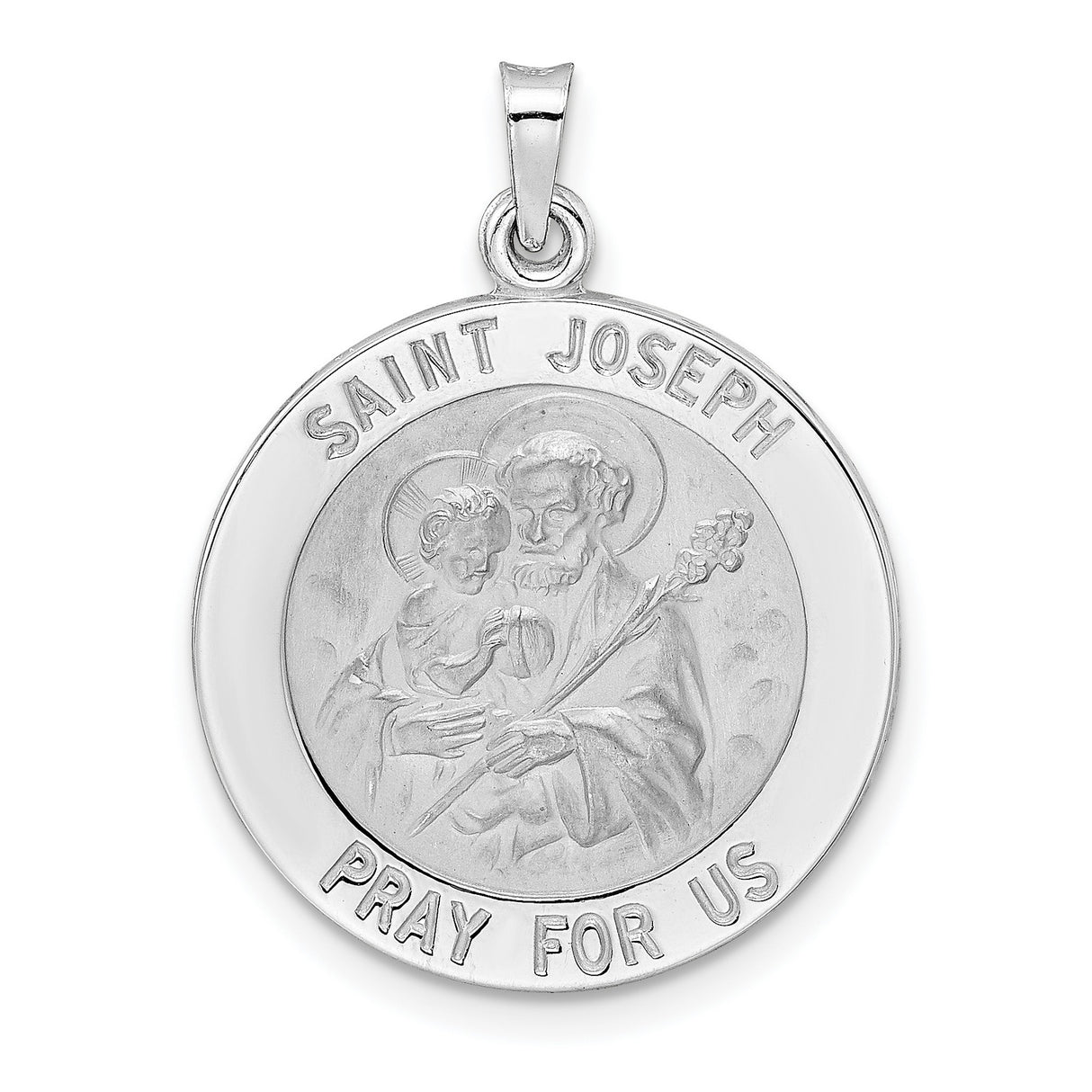 14k White Gold Saint Joseph Medal Pendant with Jesus Engraving, Catholic Christian Jewelry