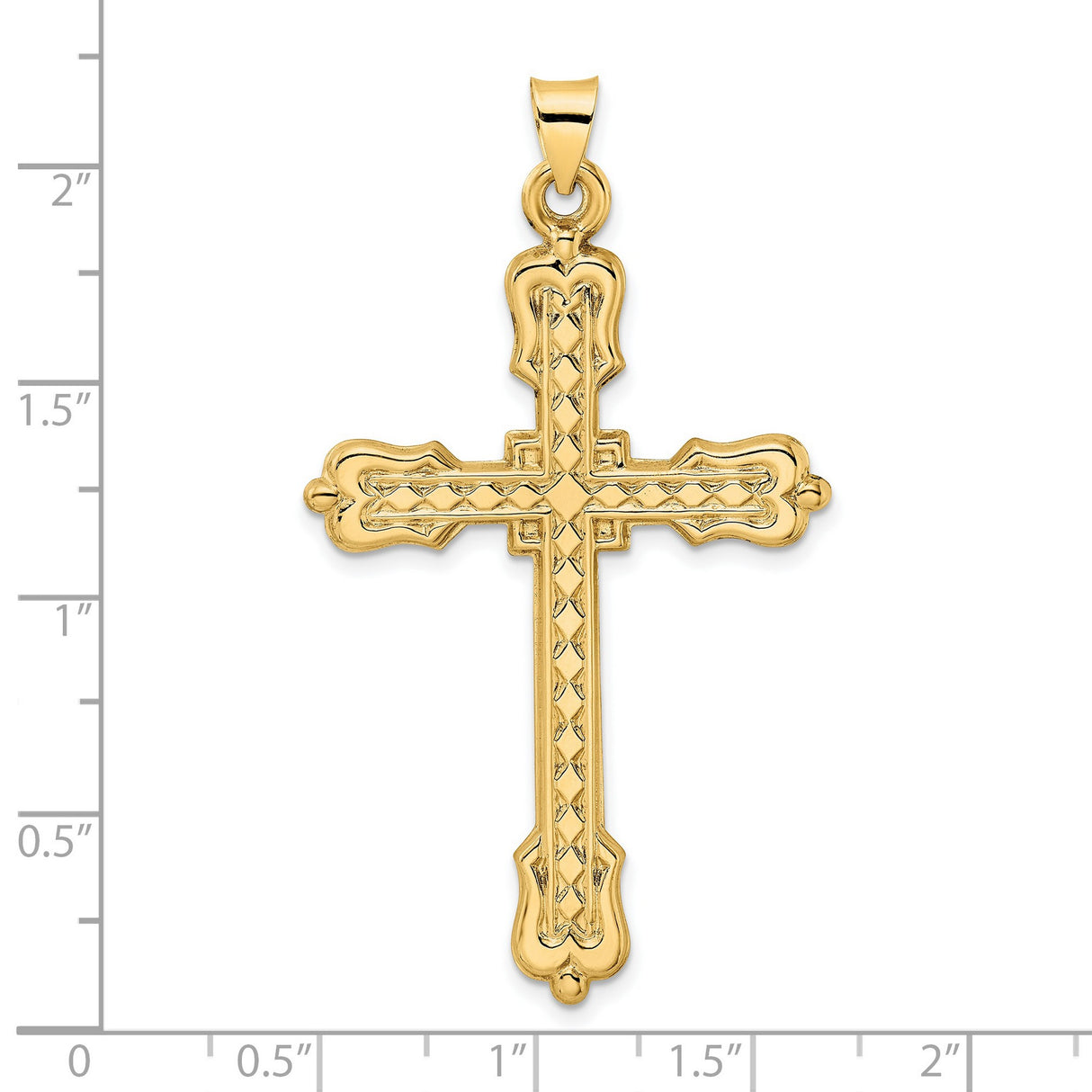 14k Yellow Gold Cross Pendant with Fleur-de-Lis Design and Intricate Engraving