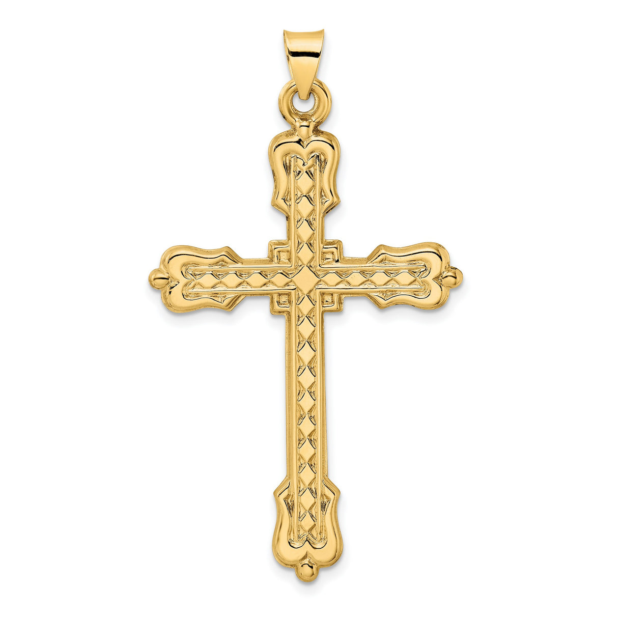 14k Yellow Gold Cross Pendant with Fleur-de-Lis Design and Intricate Engraving
