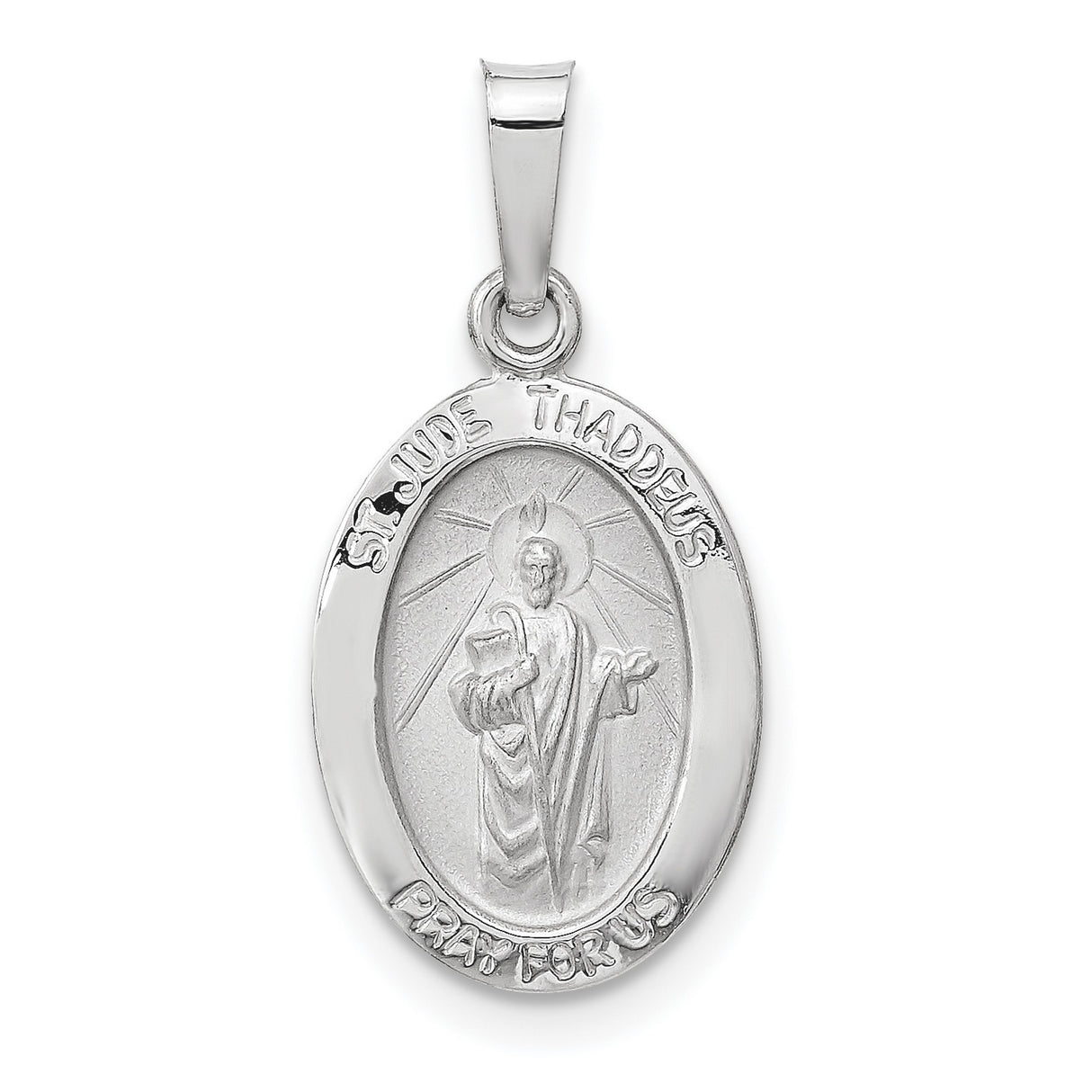 14k White Gold St Jude Thaddeus Pendant, Oval Saint Medal with Satin Finish