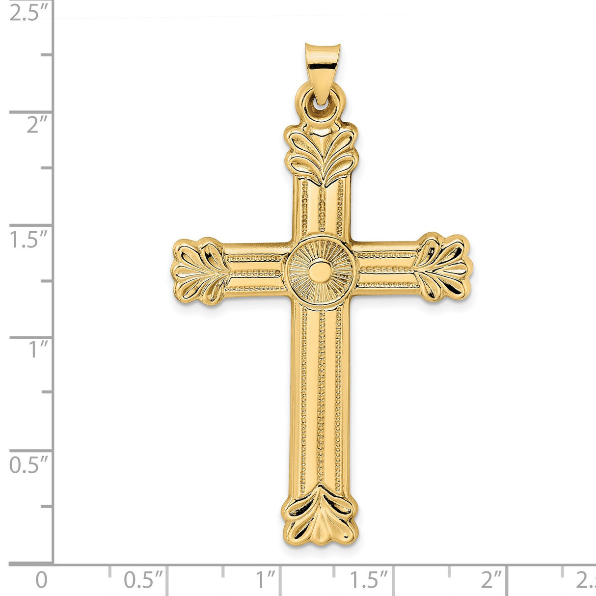14k Yellow Gold Cross Pendant with Flared Leaf Tips and Sunburst Center