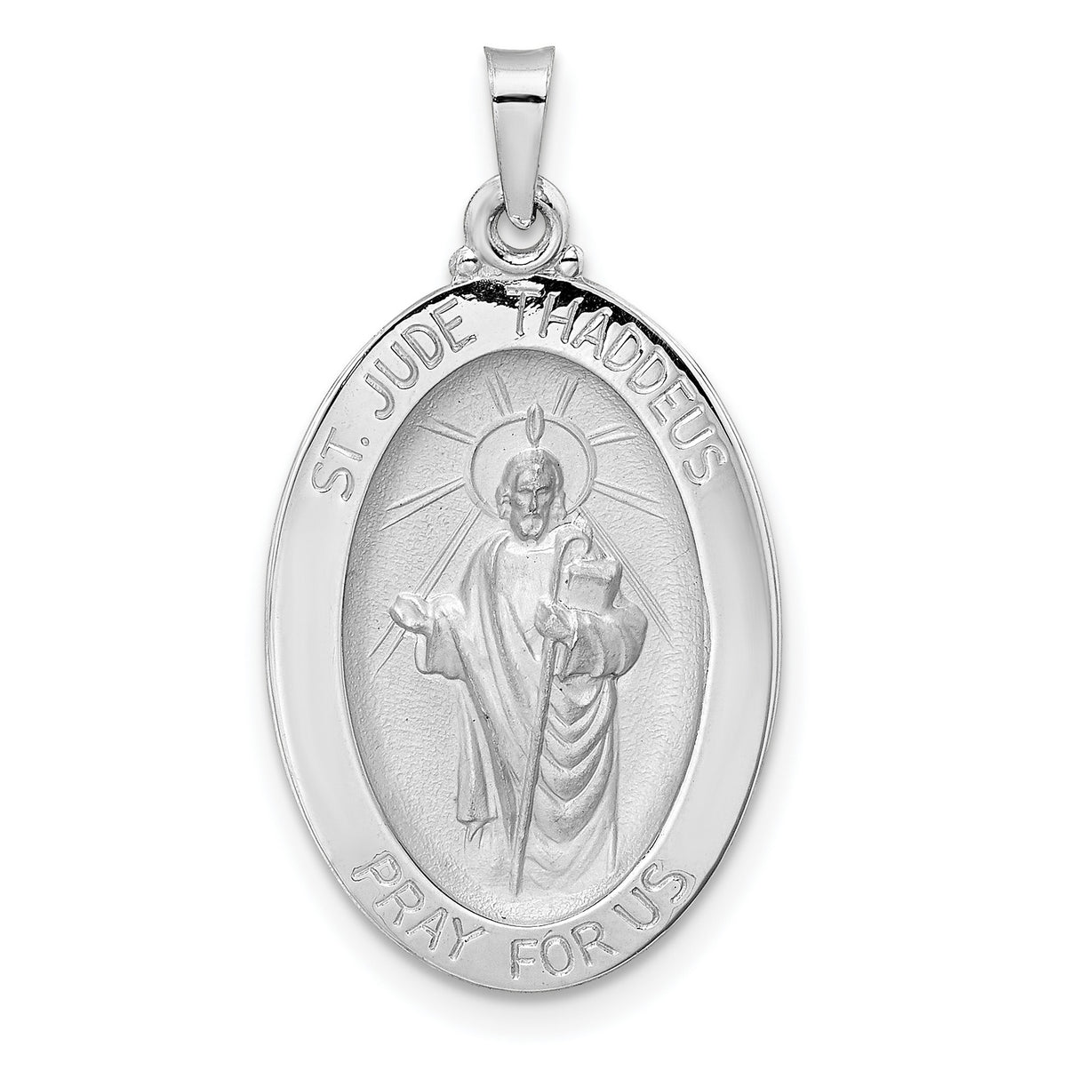 14k White Gold St. Jude Thaddeus Oval Pendant with Halo and Staff Inscription