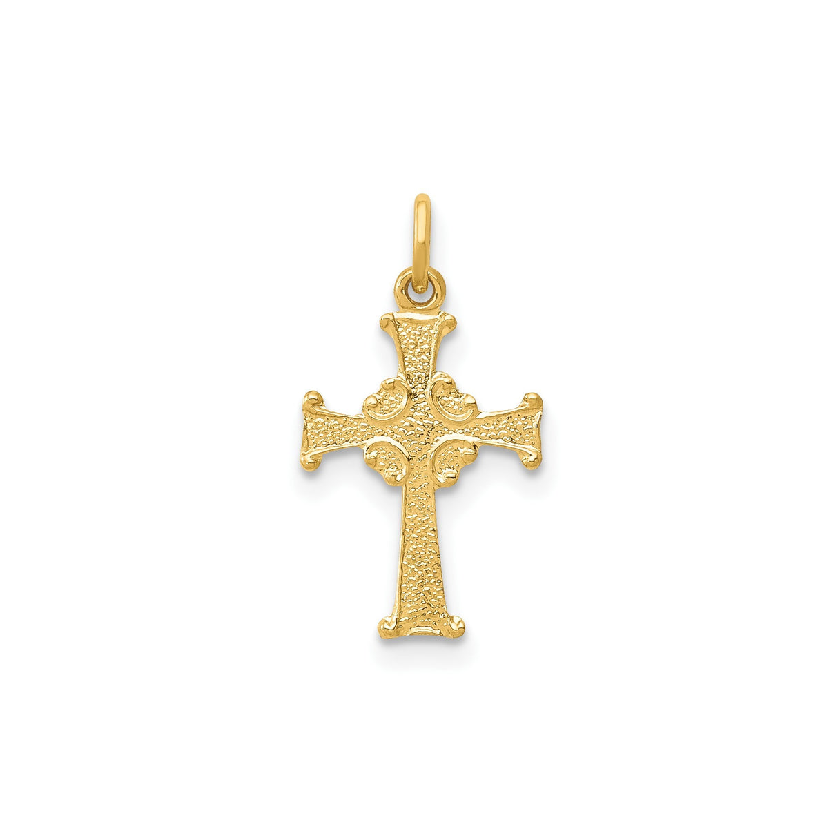 14k Yellow Gold Cross Pendant with Ornate Scroll Design and Textured Finish