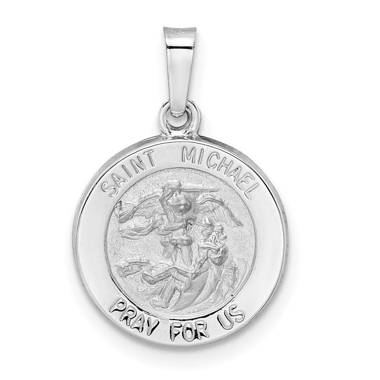 14k White Gold Saint Michael Pendant with Satin Finish, Archangel Medal Symbolizing Protection