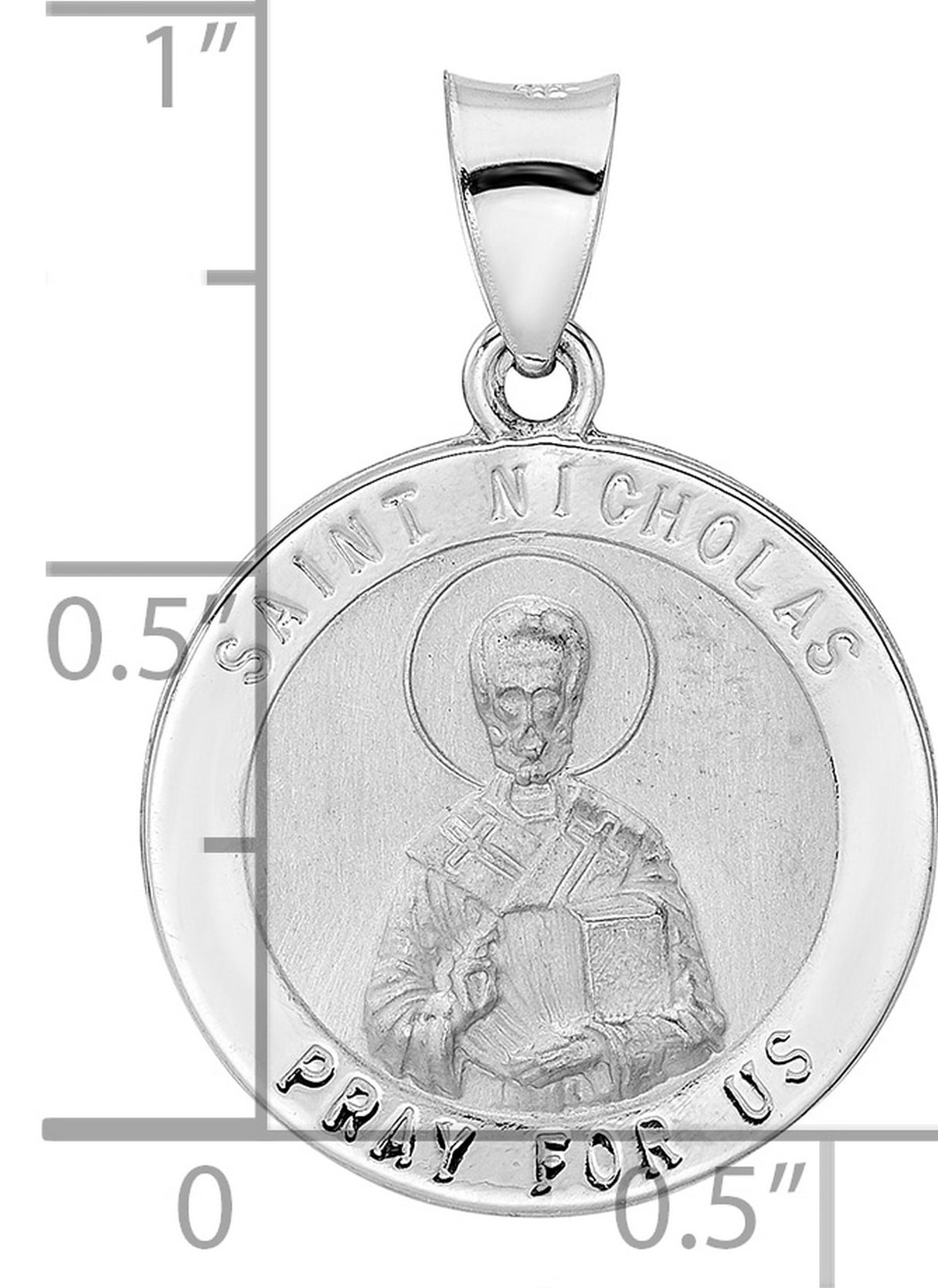 14k White Gold Saint Nicholas Pendant, Catholic Medal with Satin Finish for Men and Women