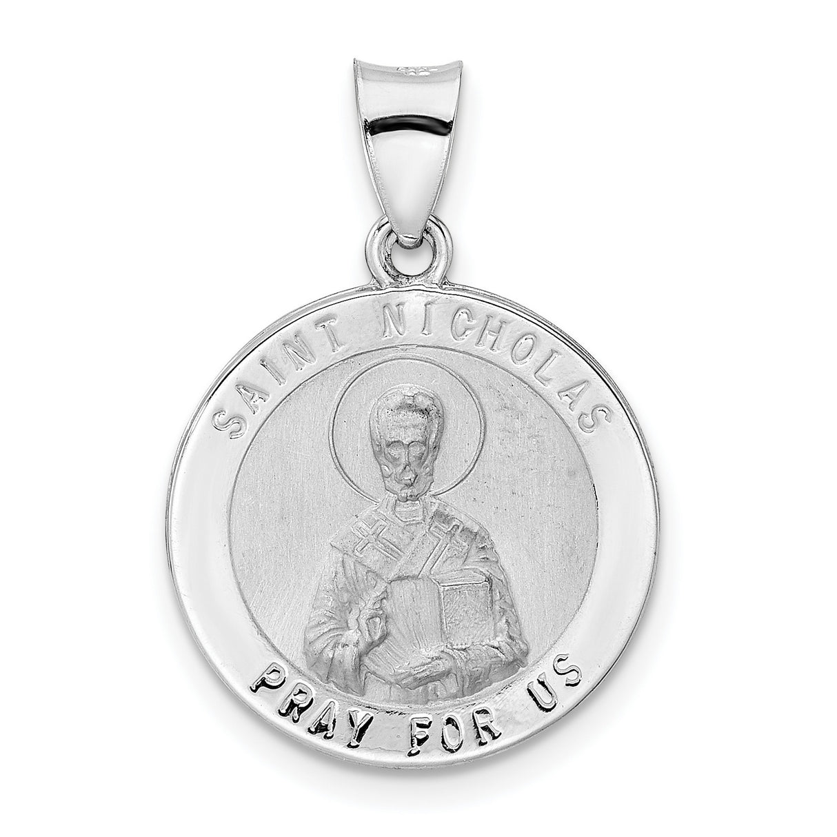 14k White Gold Saint Nicholas Pendant, Catholic Medal with Satin Finish for Men and Women