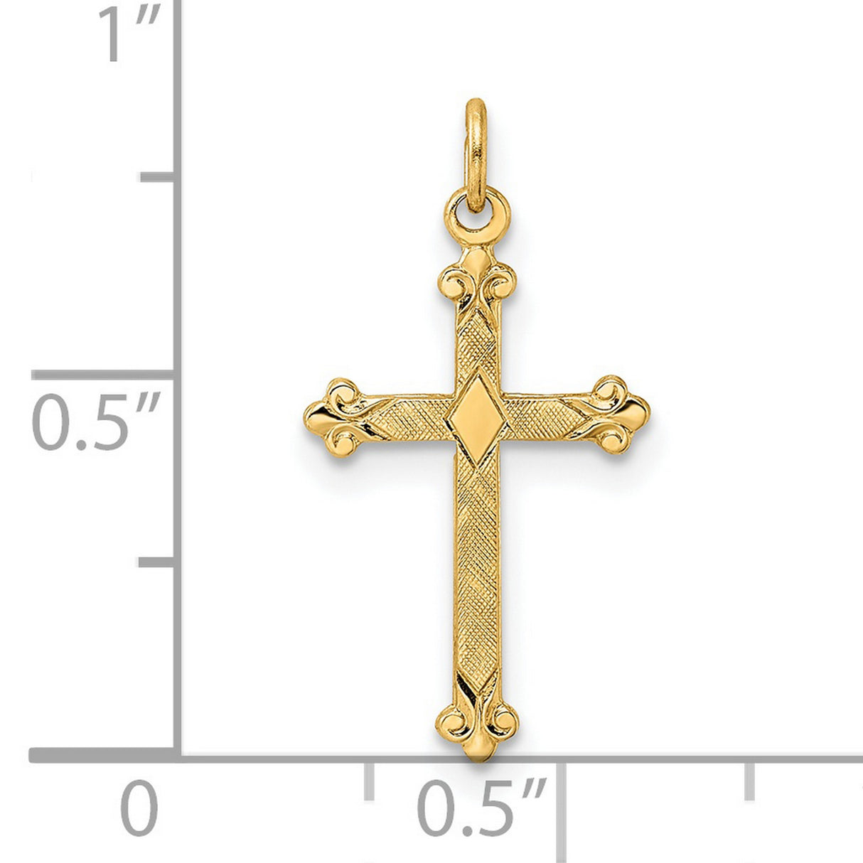 14k Yellow Gold Cross Pendant with Ornate Detailing and Diamond Shape Accent