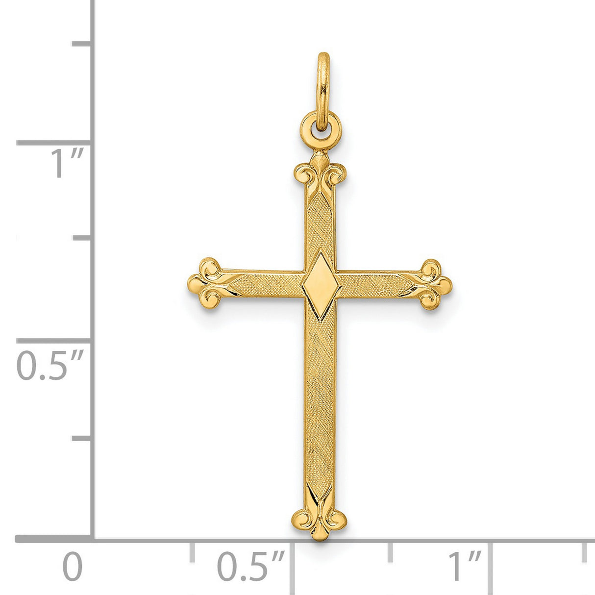 14k Yellow Gold Cross Pendant with Diamond Accent, Fleur-de-Lis Tips, Ornate Religious Design