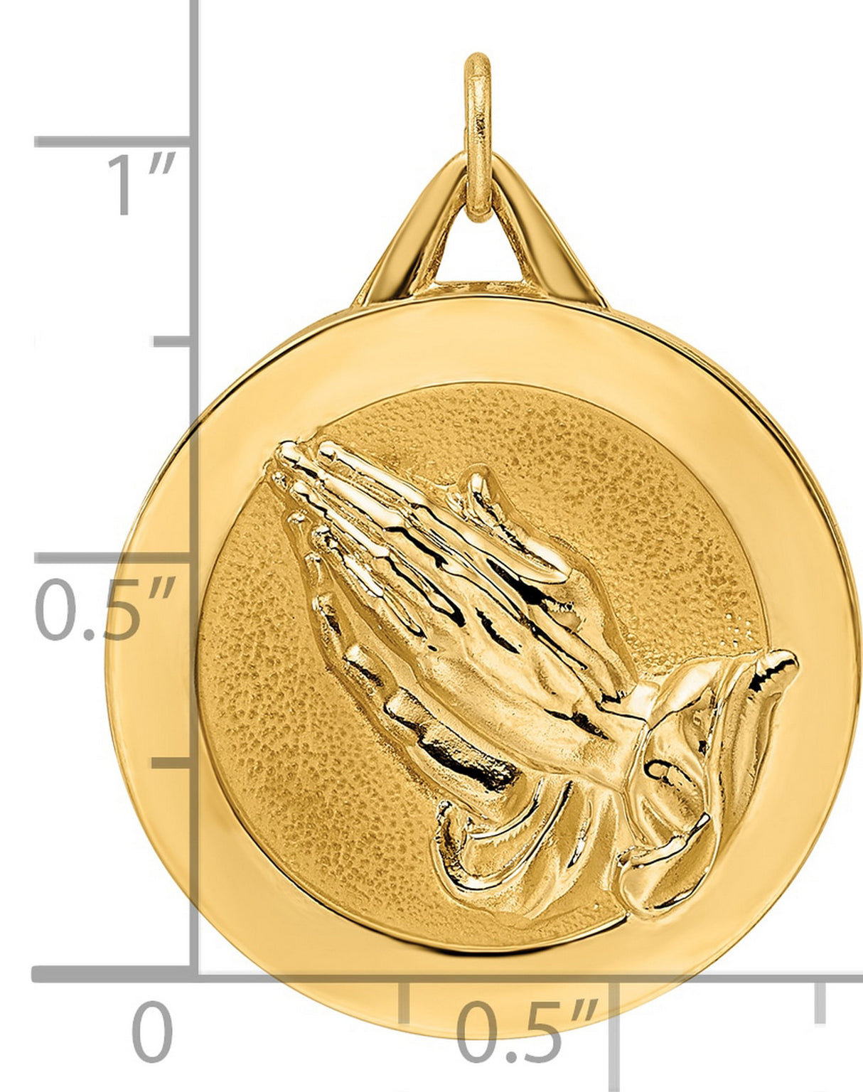 14k Yellow Gold Praying Hands Disc Pendant with Satin Finish, Religious Christian Charm
