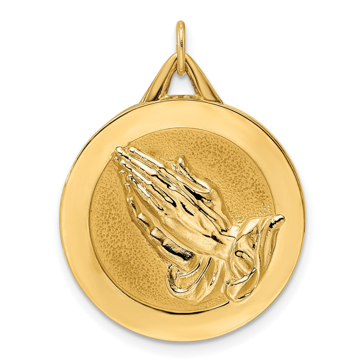 14k Yellow Gold Praying Hands Disc Pendant with Satin Finish, Religious Christian Charm