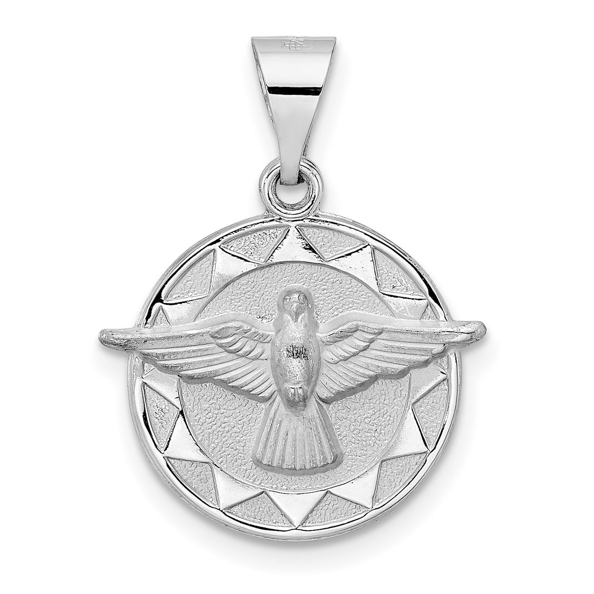 14k White Gold Holy Spirit Pendant with Raised Dove and Sunburst Design