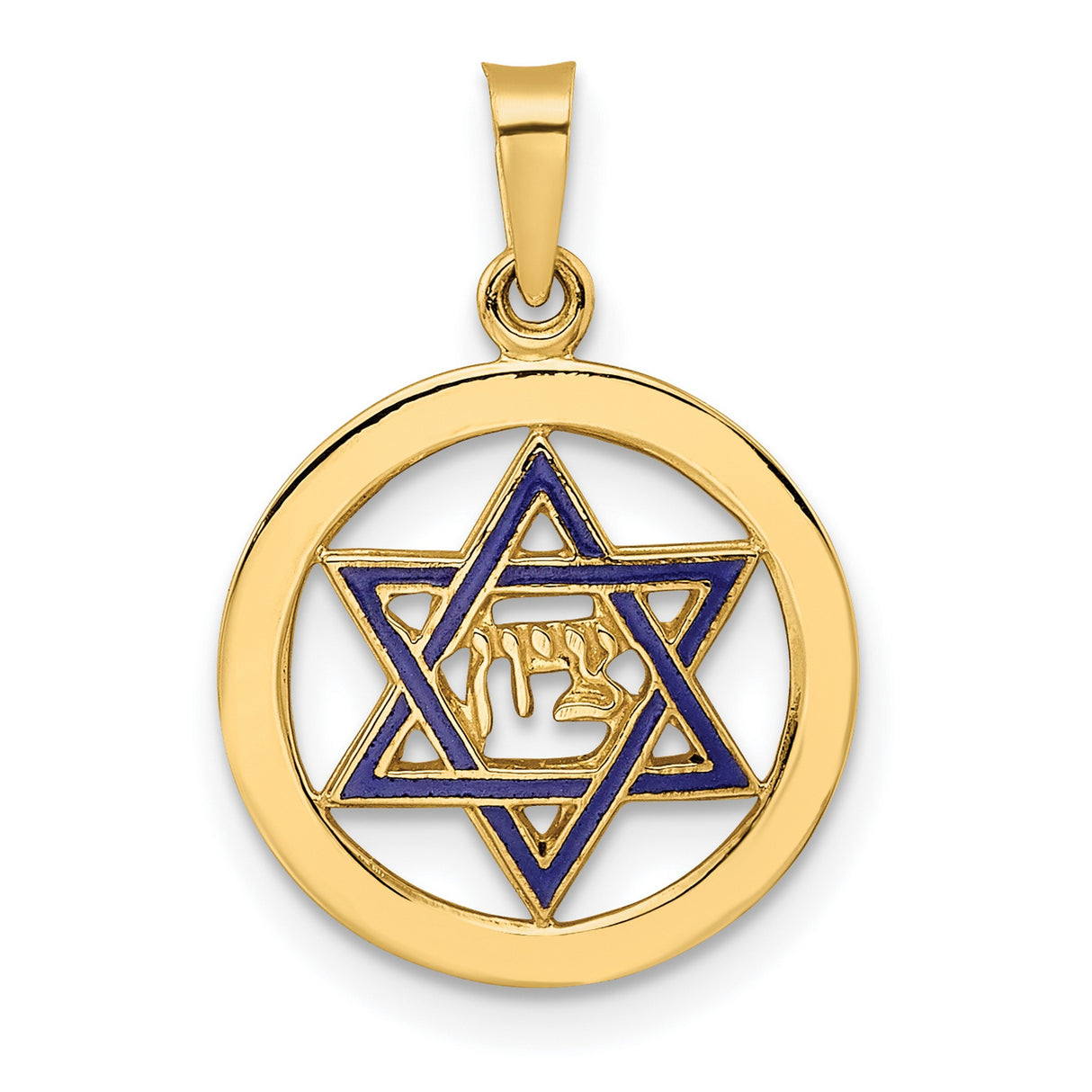 14k Yellow Gold Pendant with Blue Enamel Star of David and Hebrew Chai Symbol