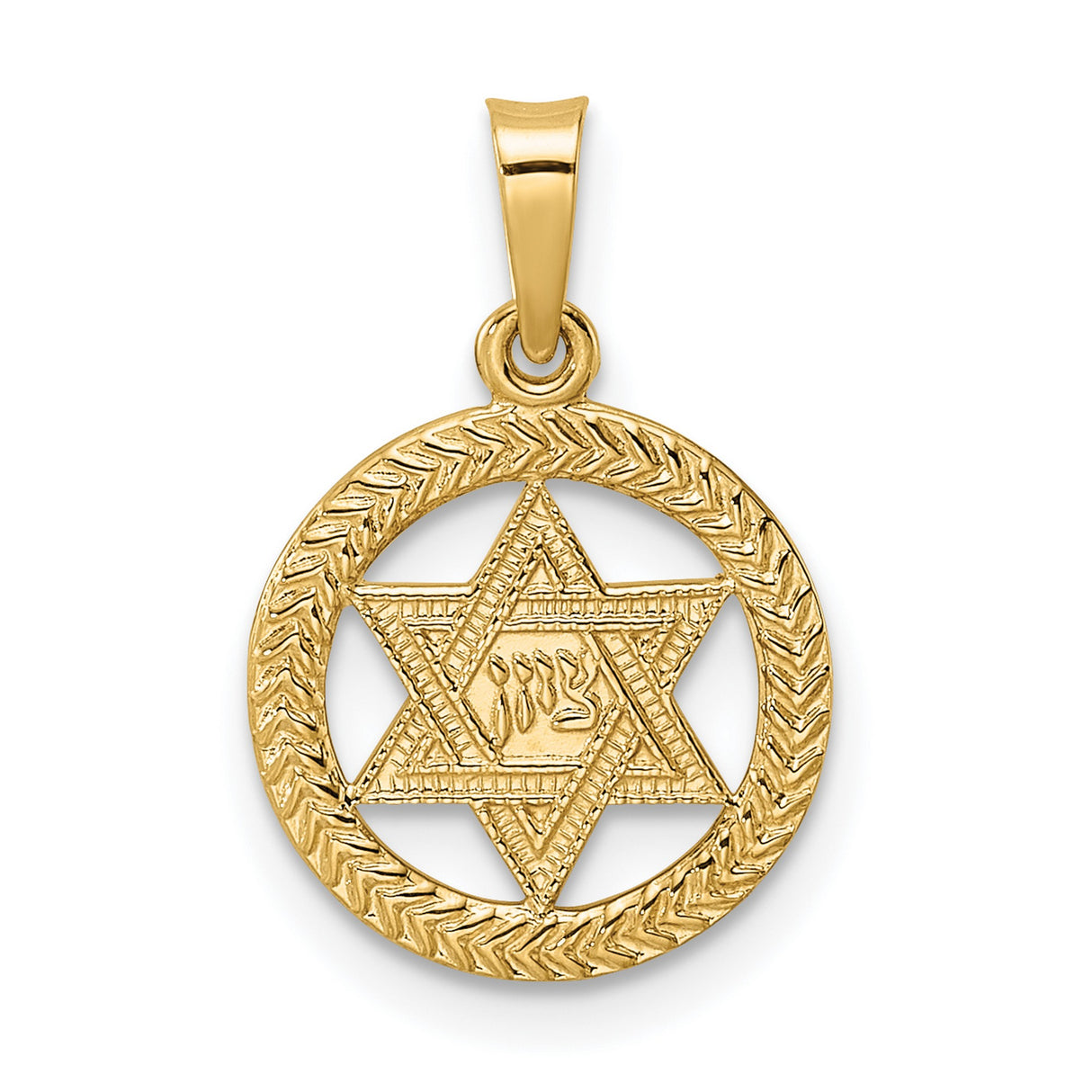 14k Yellow Gold Star of David Pendant with Textured Frame and Hebrew Engraving