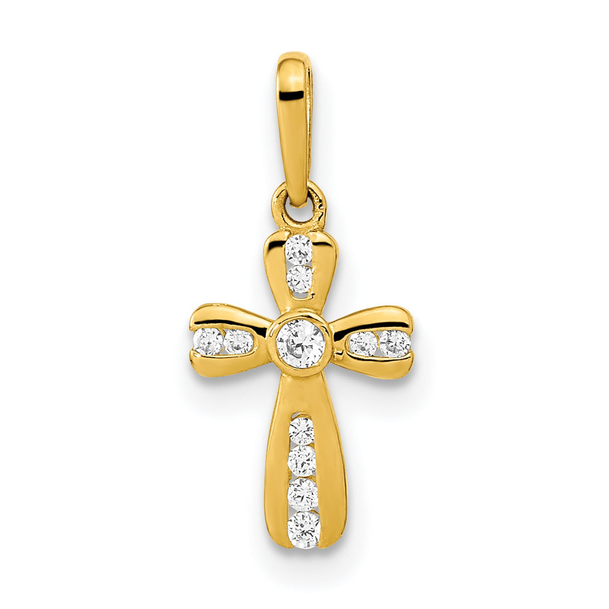 14k Yellow Gold Cross Pendant with Round Cubic Zirconia, Christian Religious Jewelry for Women