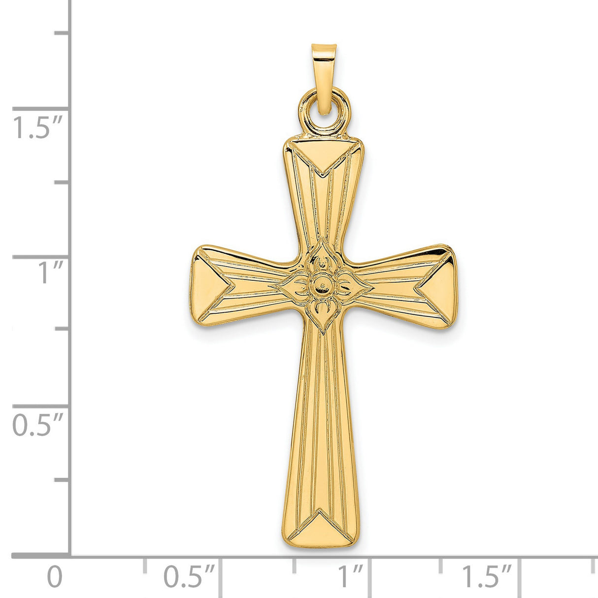 14k Yellow Gold Cross Pendant with Rays and Floral Center Motif, Christian Religious Charm