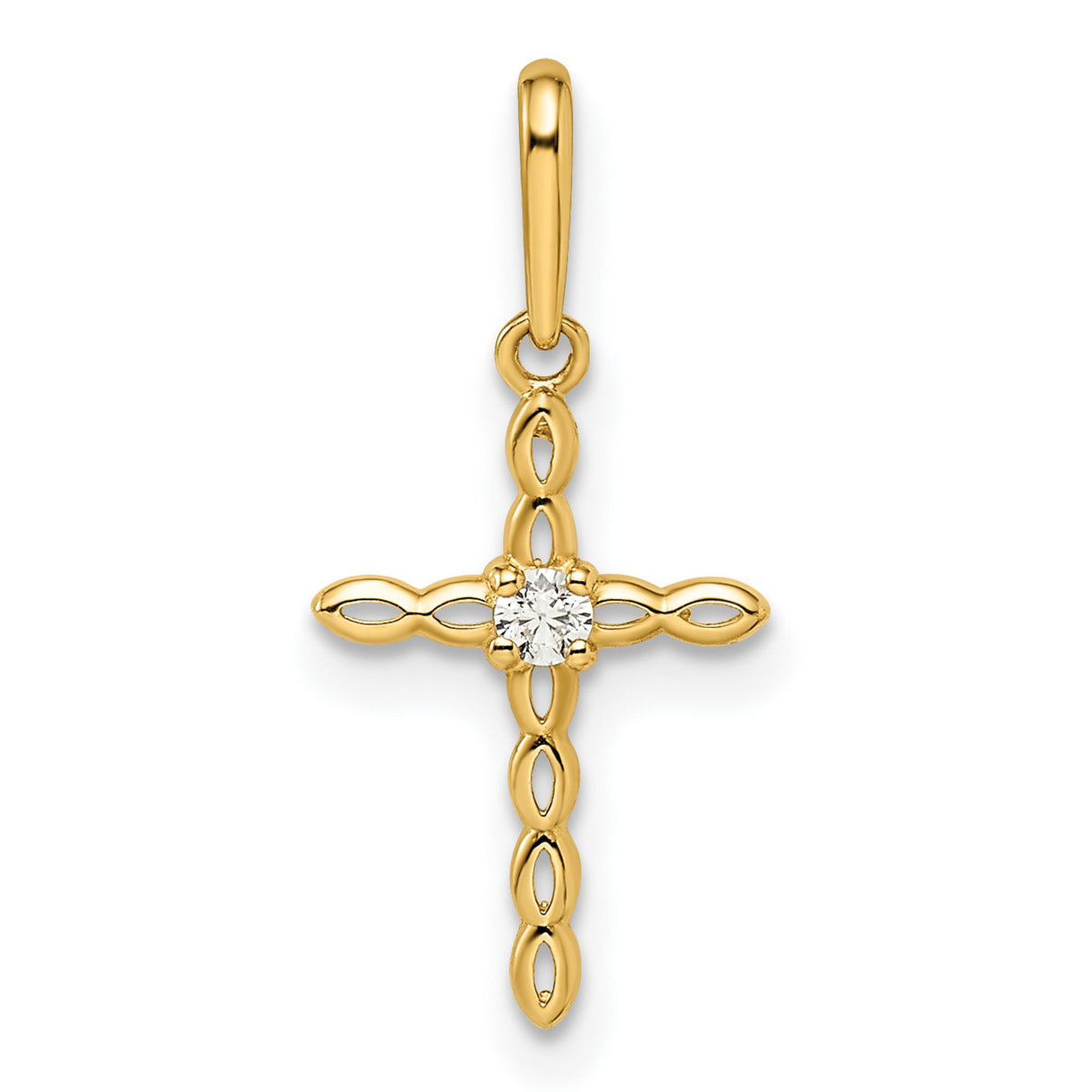14k Yellow Gold Cross Pendant with Cubic Zirconia, Openwork Design, Dainty Christian Jewelry