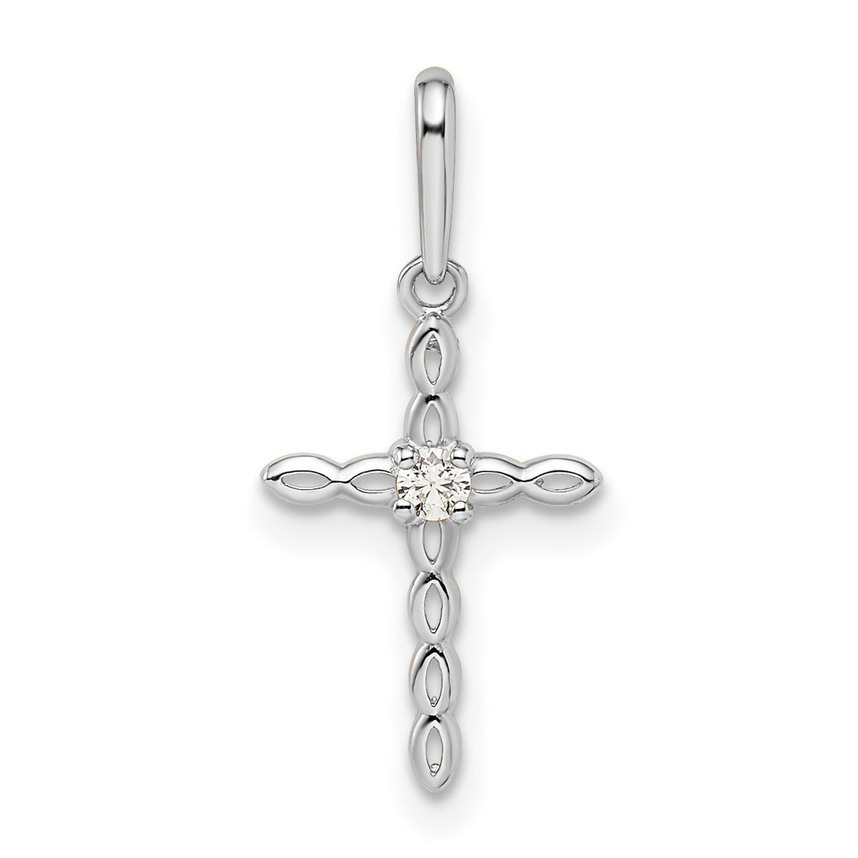 14k White Gold Cross Pendant with Cubic Zirconia, Marquise Link Design, Christian Jewelry for Women