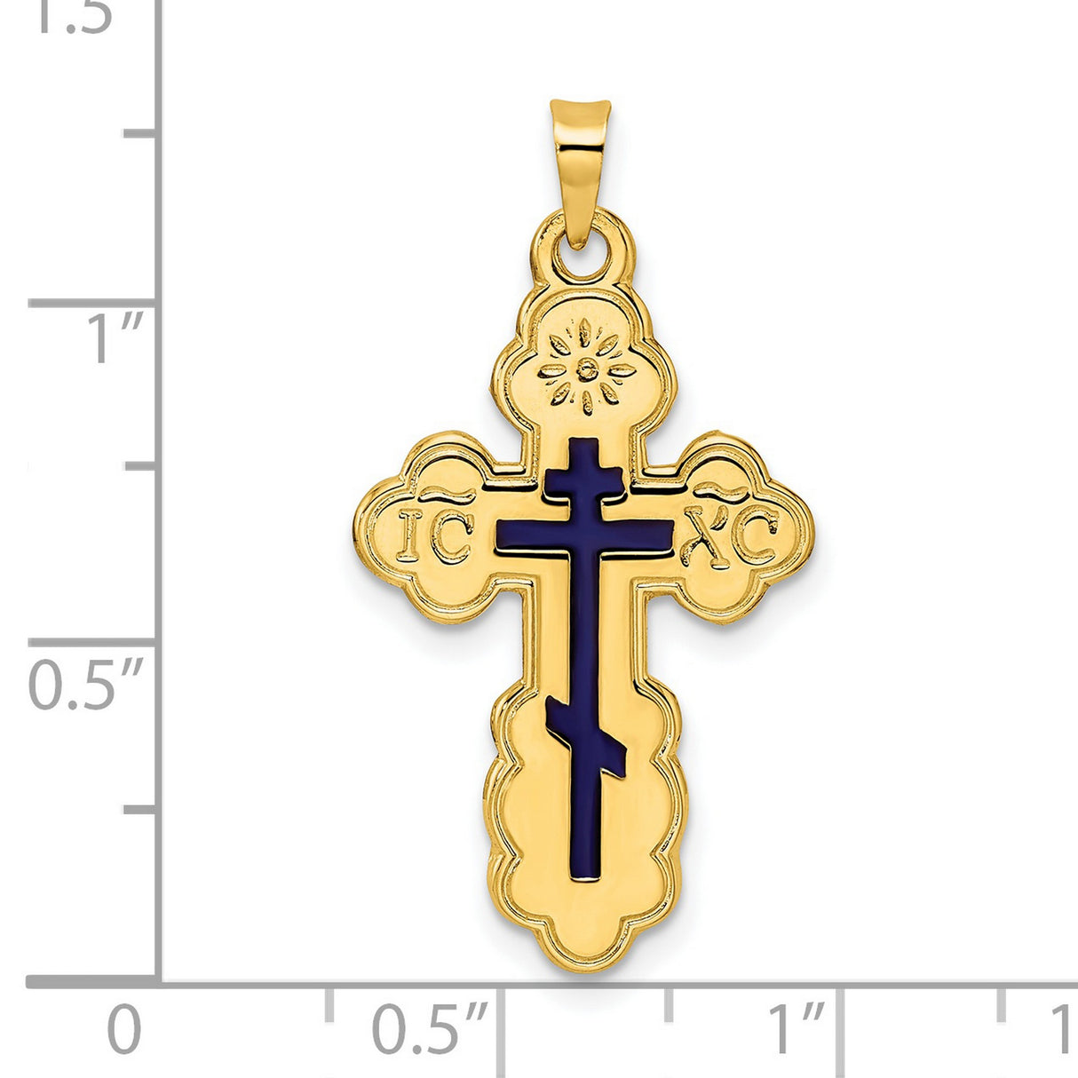 14k Yellow Gold Orthodox Cross Pendant with Navy Enamel and IC XC Inscription