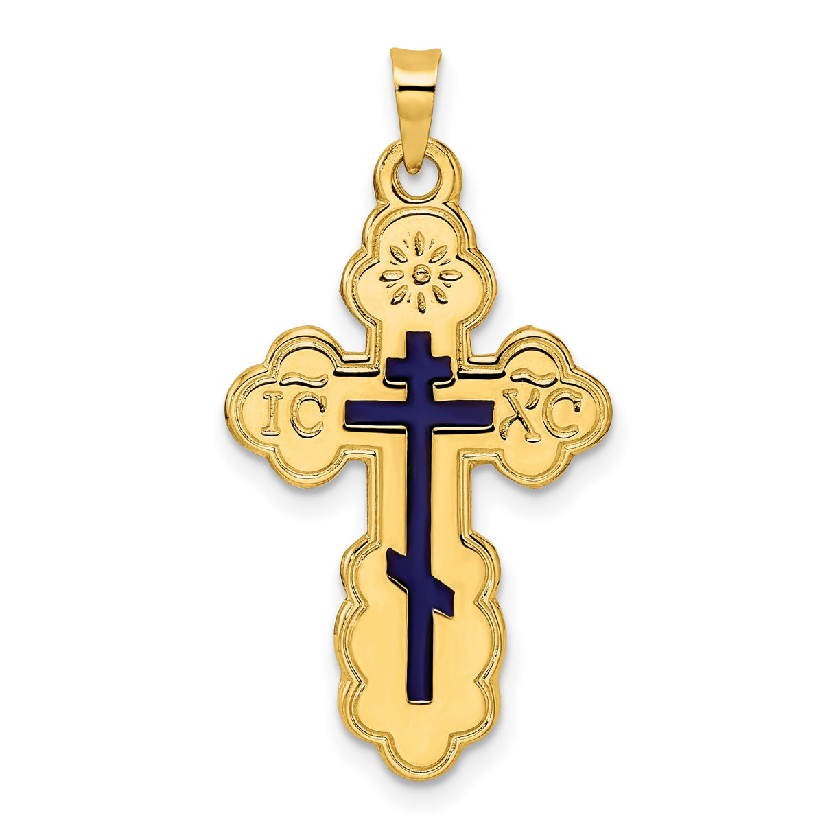 14k Yellow Gold Orthodox Cross Pendant with Navy Enamel and IC XC Inscription