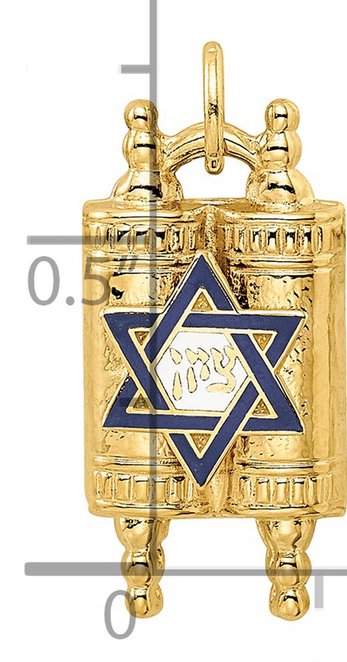 14k Yellow Gold Torah Scroll Pendant with Blue Star of David and Hebrew Script Accent