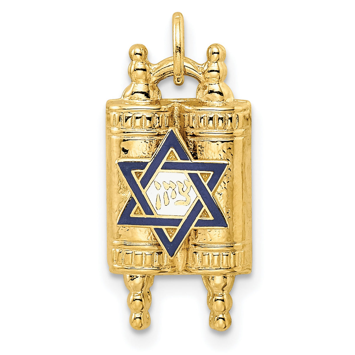 14k Yellow Gold Torah Scroll Pendant with Blue Star of David and Hebrew Script Accent