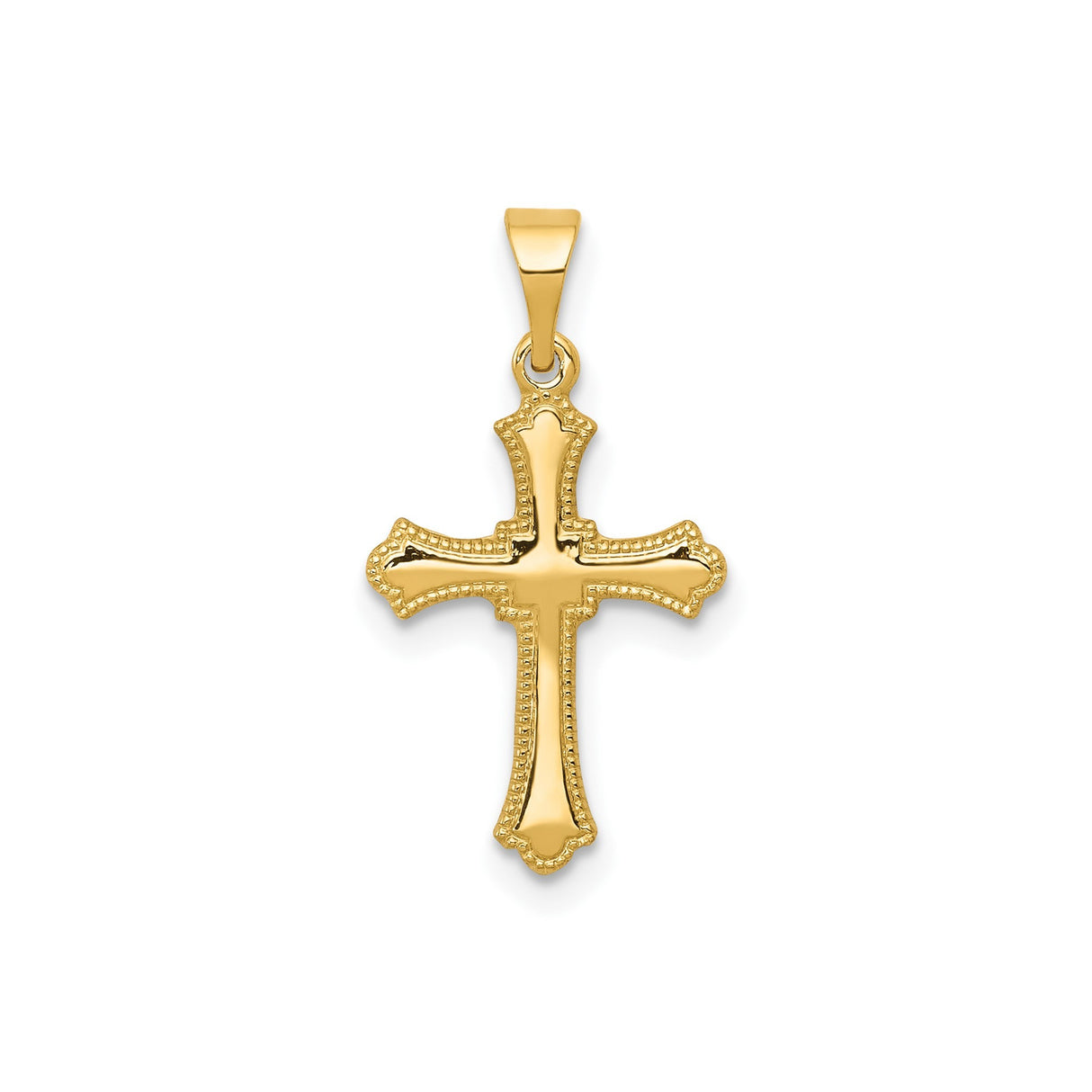 14k Yellow Gold Cross Pendant with Polished Finish, Flared Tips and Beaded Border